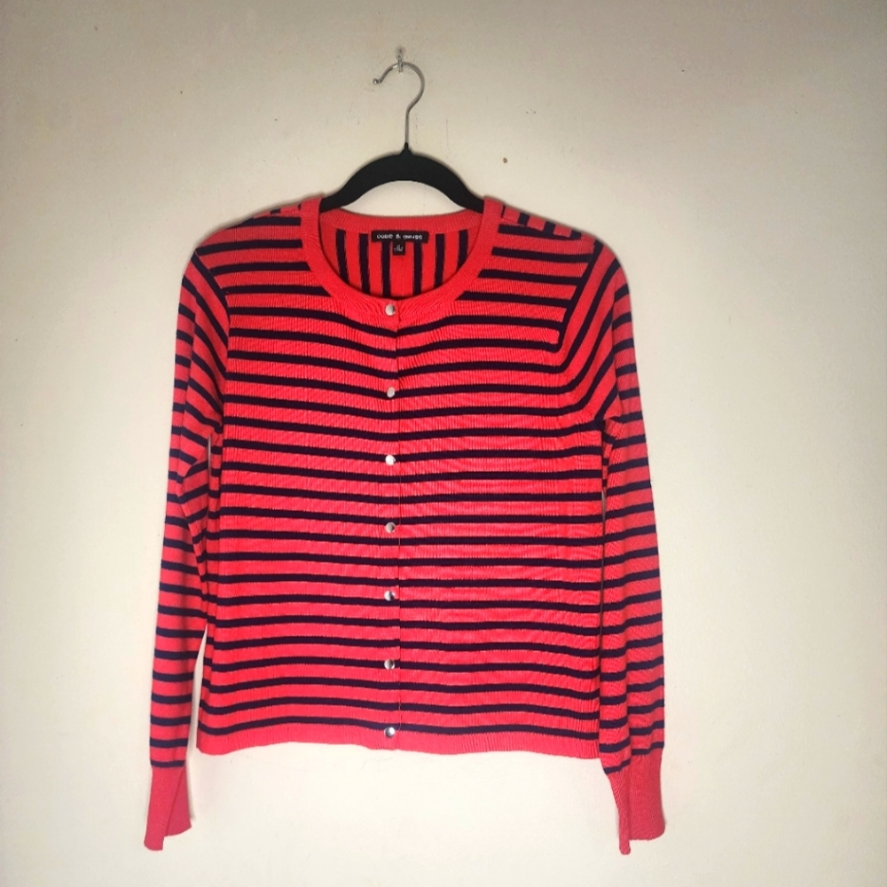 Cable & Gauge Red & Navy Horizontal Striped Snap Button Cardigan
